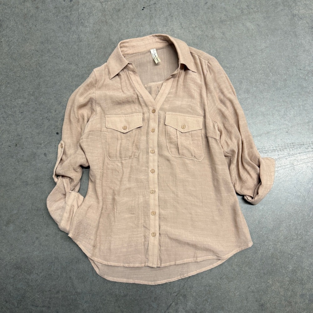 Perception Concept Tan Button Down Utility Shirt Roll Tab Sleeve Medium